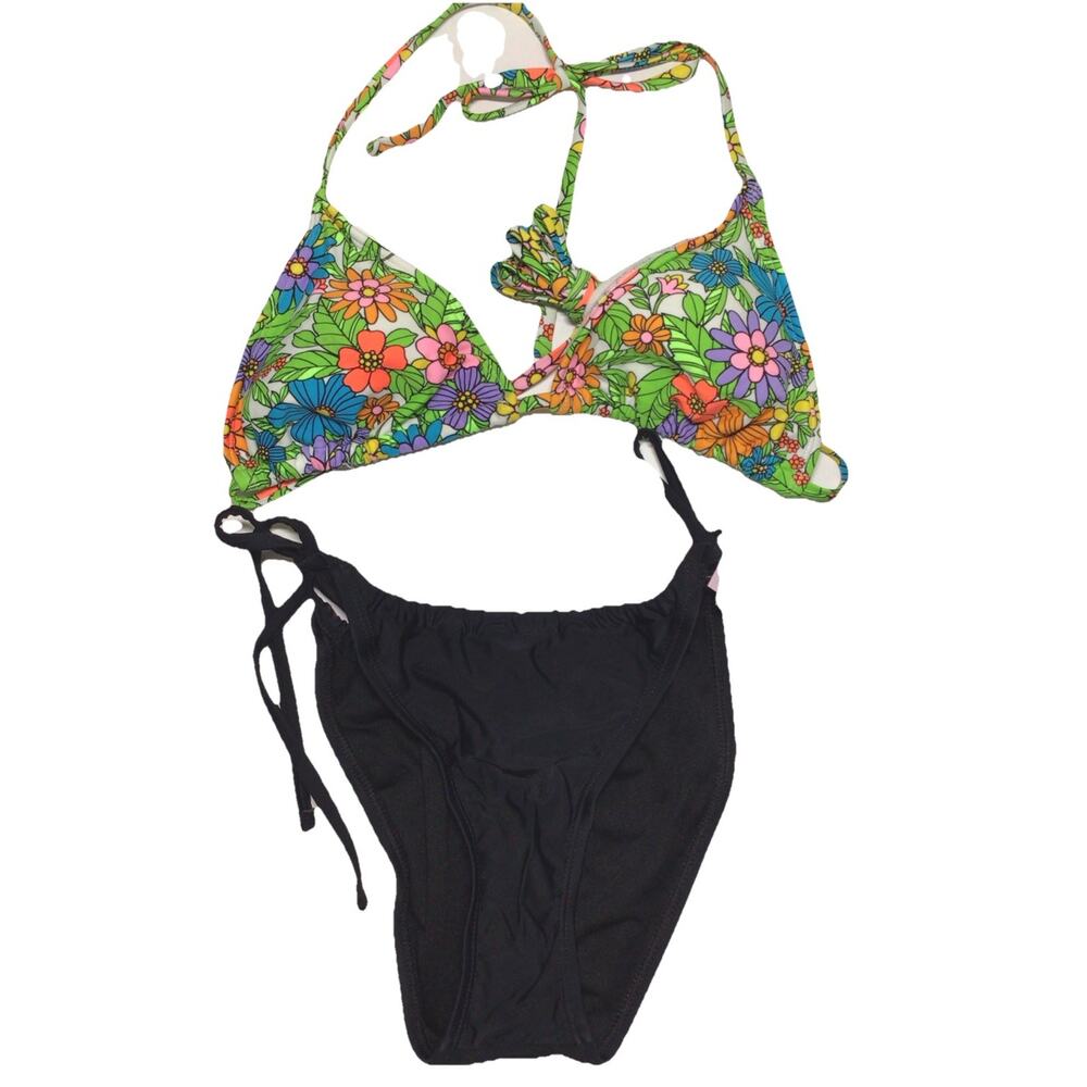 Set Bikini Floral Top Sz XS Bottoms Black Sz S New